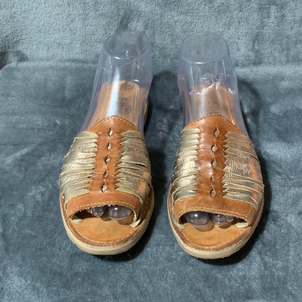 Sbicca Womens Lawrin Gold Tan Leather Woven Huarache Slide Sandals Size 9